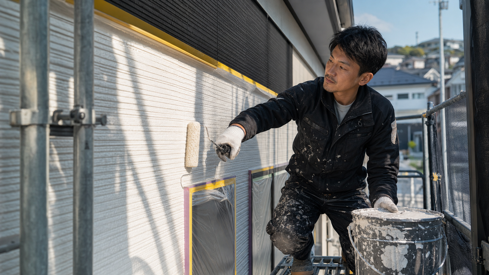 職人が外壁をローラーで塗装している作業風景